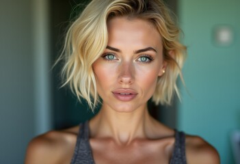 Naklejka premium Close-up portrait of a young woman with blonde hair and blue eyes