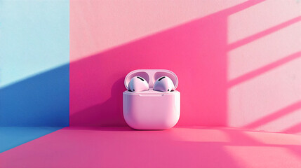 A pair of white earphones in their charging case with blue and pink background. Pop art style.