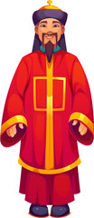Chinese man wearing traditional red attire for Lunar New Year celebrations, symbolizing prosperity, good fortune, cultural heritage and festive traditions. Isolated vector cheerful male character