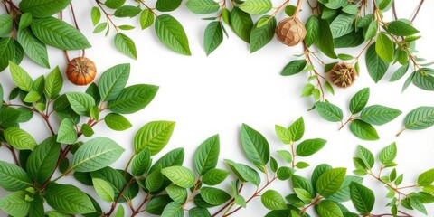 A top view of a white square frame surrounded by lush green leaves, creating a refreshing and natural backdrop, minimalist, background, design