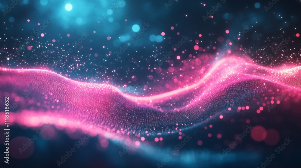 Poster A mesmerizing display of flowing waves in vibrant pink and blue hues creates a captivating spectacle, as tiny sparkles float within the ethereal atmosphere of abstraction, evoking a sense of wonder