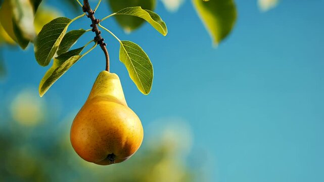 A ripe pear hanging from a tree branch against a clear blue sky symbolizes harvest and autumn