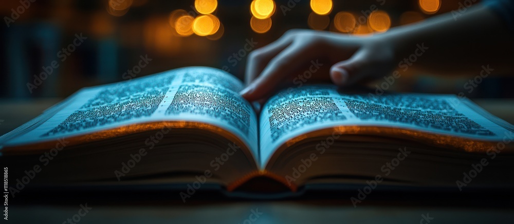 Poster hand gently resting on an open book, illuminated by soft light.