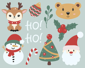Set of Christmas Elements: Teddy Bear, Deer, Santa, Snowman, Christmas Tree, Candy Cane, Festive Decorations, Holiday Clipart, Winter Characters, Cute Illustrations, Seasonal Art for Crafts 
