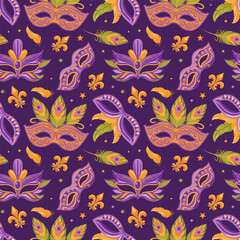 Bright carnival masks decorated with colorful feathers and fleur de lis for Mardi Gras celebrations. Seamless pattern. vector illustration in flat style is ideal for wallpaper, textile, background. © Любовь Кондратьева