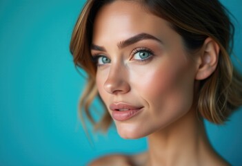 Fototapeta premium Close-up portrait of a woman with blue eyes and soft makeup.