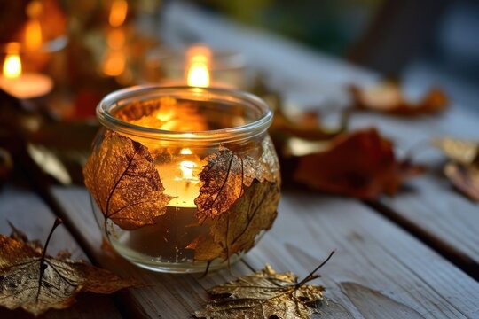 Golden Leaf Tealight: Fall-Themed DIY Candle Jar for Home Decor