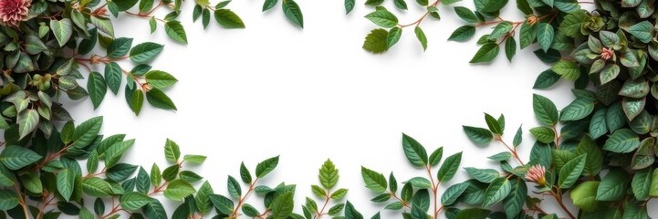 A top view of a white square frame surrounded by lush green leaves, white, nature, top view
