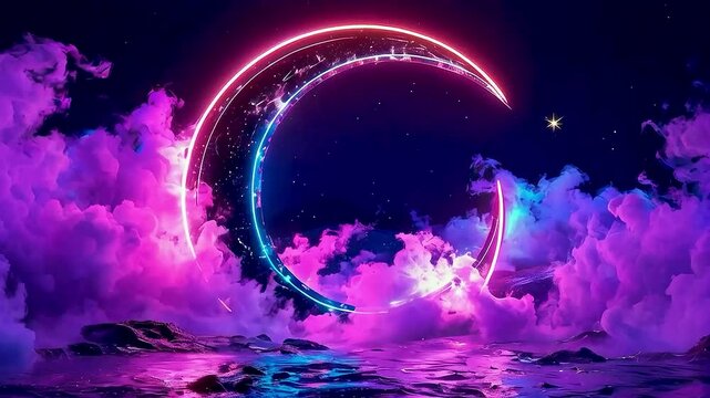 a neon crescent moon  and  a purple sky