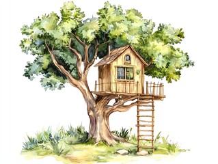 Whimsical treehouse nestled in a lush green tree, perfect for imaginative play.
