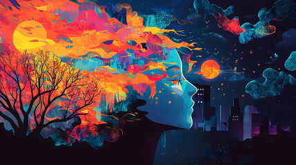 Dreamscape: A woman's profile fades into a vibrant dreamscape of swirling colors and abstract shapes. The moon, a city, and a solitary tree create a surreal landscape.