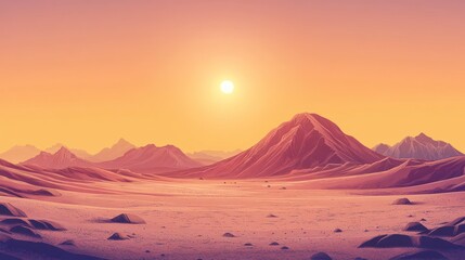 A serene desert landscape at sunset, showcasing mountains and a tranquil atmosphere.