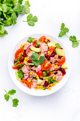 Mexican style salad with tuna, avocado, corn, beans, tomatoes and cilantro, white background, top view