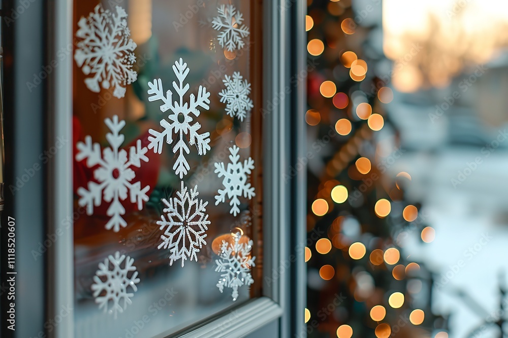 Poster the window stickers featuring snowflakes in close-up with a hazy christmas tree in the background an