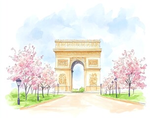 Fototapeta premium A beautiful watercolor illustration of the Arc de Triomphe surrounded by blooming cherry blossoms.