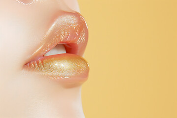 beauty product application, capture graceful image woman gently applying lip balm, showcasing hydrated lips close-up reveals smooth texture and natural look, with soft, neutral backdrop to