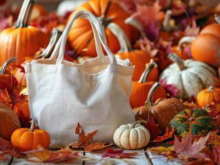 Harvest Hues: Pumpkin-themed Tote Bag Mock-up in Autumn Setting