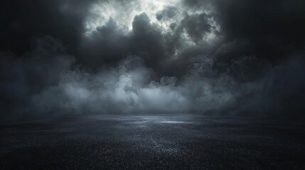 Obraz premium Dark background with fog and a wet asphalt surface.