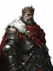 Obraz premium Aged king, armored, crowned, red cloak, stern gaze.