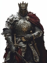 Fototapeta premium Crowned warrior, ornate armor, dark cloak, swords.