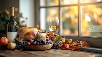 Roasted chicken, wine, grapes, apples, autumn leaves on wooden table by window.
