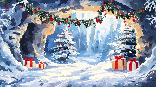 A winter wonderland scene featuring snow-covered trees, gifts, and festive decorations in a dreamy cave.