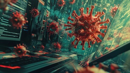 Digital Representation of a Virus Invading a Computer System Amidst Lines of Code and Futuristic Technology
