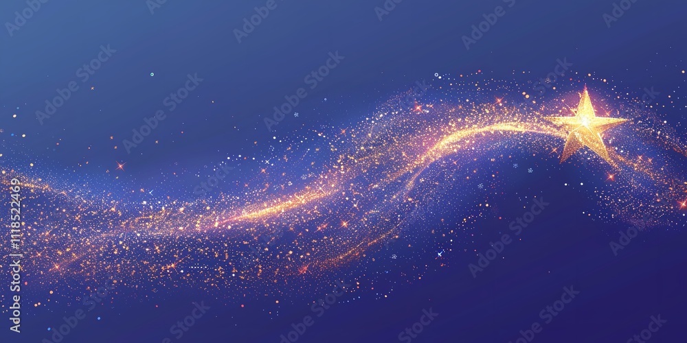 Poster over a dark blue setting, a lone star appears with a vector light effect of dazzling golden sparkles