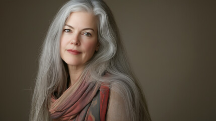 Fototapeta premium Kobieta o siwych, długich włosach i łagodnym spojrzeniu, z subtelnym szalem otulającym szyję, uchwycona na stonowanym tle, zachwyca harmonią i wdziękiem.