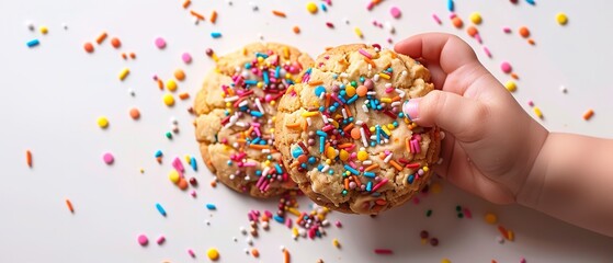 Fototapeta premium An up-close view of a child hand-decorating cookies having vibrant sparkles on a white background having enough of room for writing or backdrop, Generative AI.