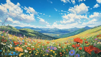 Vibrant Wildflower Meadow with Mountains Under a Bright Blue Sky