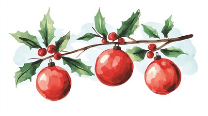 Watercolor illustration of red Christmas ornaments hanging from a holly branch with green leaves, perfect for holiday decorations.