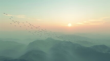 Serene sunrise over misty mountain range with flock of birds in flight