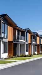 Fototapeta premium A row of modern New Zealand townhouses on the side of an empty road, with a white and grey asphalt surface