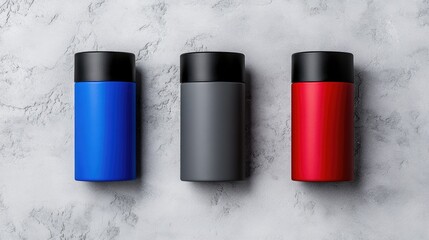 Three plastic oil cans in vibrant colors feature a gray can with a black cap, alongside blue and red cans with white labels, all set against a crisp white background