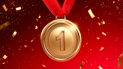 Shiny gold medal with a red ribbon surrounded by festive golden confetti on a vivid red background. Concept of achievement, victory, and celebration.