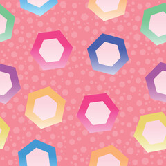 Colorful geometric hexagon seamless vector pattern on pink background