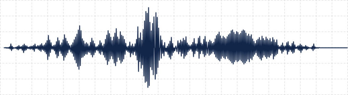 Dark blue seismic activity diagram displaying radio frequency waves alongside an oscilloscope waveform graph on a white grid background, illustrating intricate data analysis in geophysics
