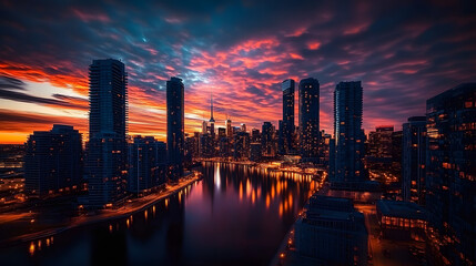 A stunning twilight cityscape of Toronto, showcasing skyscrapers against a vibrant sky with illuminating lights reflecting on the water.