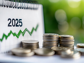2025 desk calendar and stack of coins with arrow rising. The concept of business growth, Financial investment, Market stock, Profit return, Dividend and Business fund in year 2025, JPG, AI GENERATED
