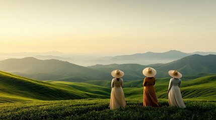 Fototapeta premium Women picking tea leaves in lush Darjeeling hills on a foggy morning, showcasing traditional attire amidst rolling greenery