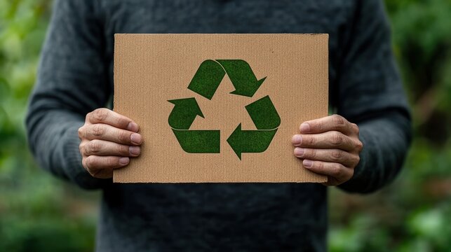 Businessman promotes recycle reuse reduce message in a beautiful natural setting to encourage zero waste practices for sustainable living