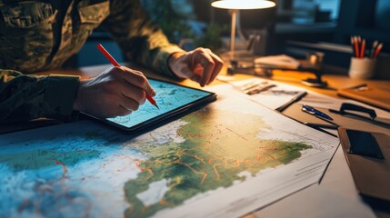 Person mapping routes on paper, tablet at lit desk
