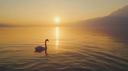 Solitary Swan at Sunset on a Calm Lake