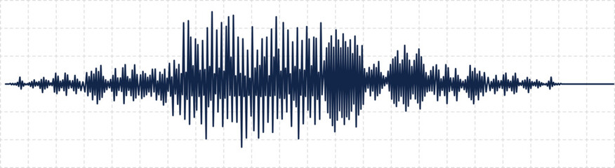 Dark blue seismic activity diagram showing radio frequency waves and oscilloscope waveform graph on white background with grid is representing earthquake or other earth vibration