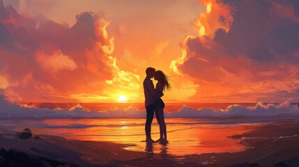 Romantic Sunset Beach Kiss A tender moment of love as a couple embraces against a stunning sunset over the ocean