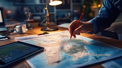 Obraz premium Hand drawing route on European map under lamp light.