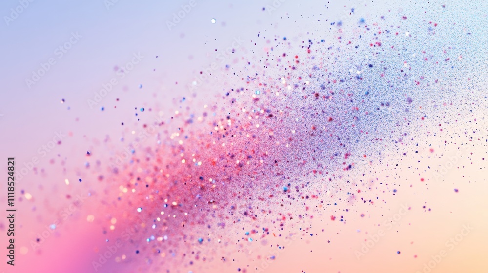 Poster multicolored particles are suspended in the air, reflecting light and creating a captivating visual 