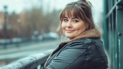 Stylowa kobieta w rozmiarze plus, ubrana w skórzaną kurtkę, stoi sama na moście, pewna swojej wartości.