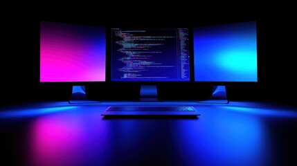 Night Coding Session: Triple Monitor Setup with Neon Lights